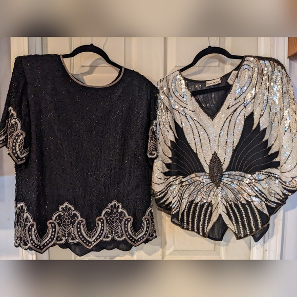 Vtg Designr ShoMax Kazar 3 Black Formal Silk Tops Lg 12 Xlg 14 Beads/Sequins WOW - Picture 3 of 15